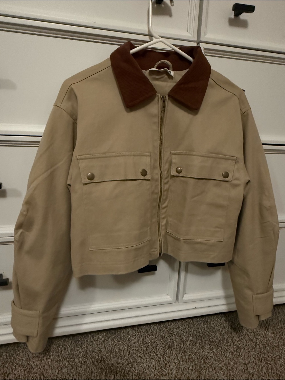 Beige Crop Workwear Jacket with Brown Corduroy Collar